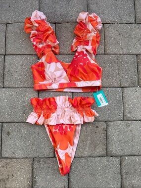 Ruffled Two-Piece Swim Bikini in Pink & Orange Floral